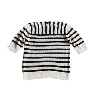 Ann Taylor Brown White Stripe Short Sleeve Sweater Pullover Stretch Woven Small